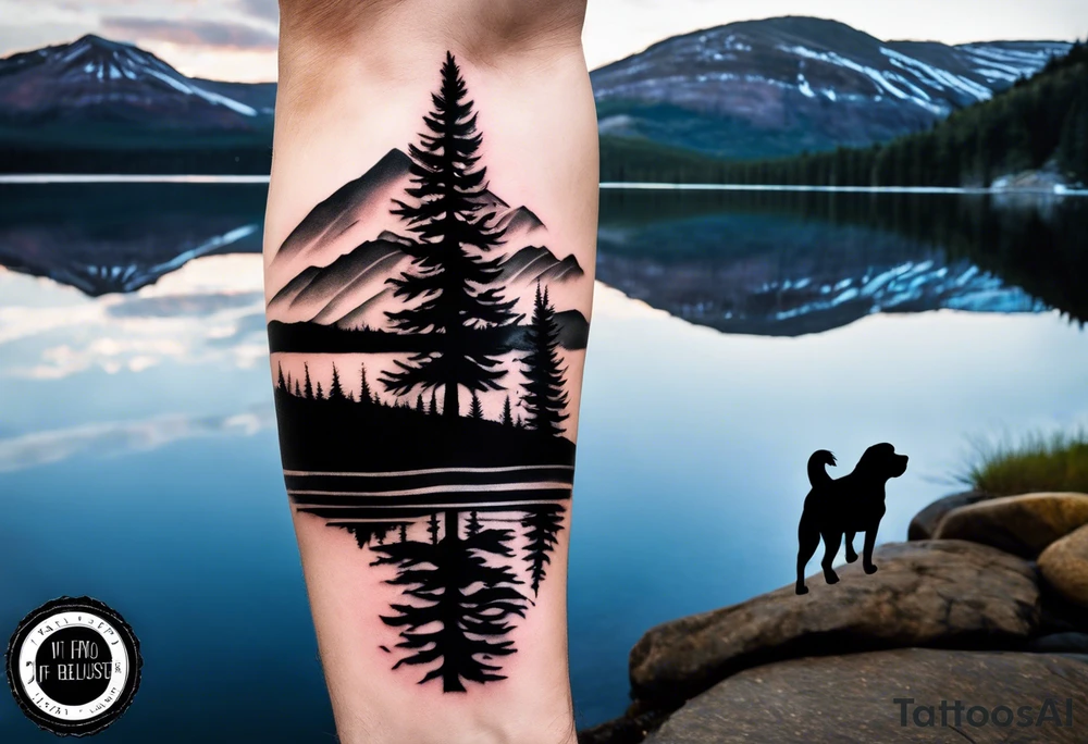 Sleeve tattoo windswept pine tree before lake with low hills on far side of lake. Mastiff silhouette in the foreground. with a dock coming out from the shore. Canadian shield. 
Include the words: "If the sun refused to shine
I would still be loving you
When mountains crumble to the sea
There will still be you and me" tattoo idea