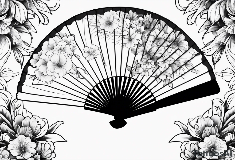 All Black Japanese fan with flowers behind it tattoo idea
