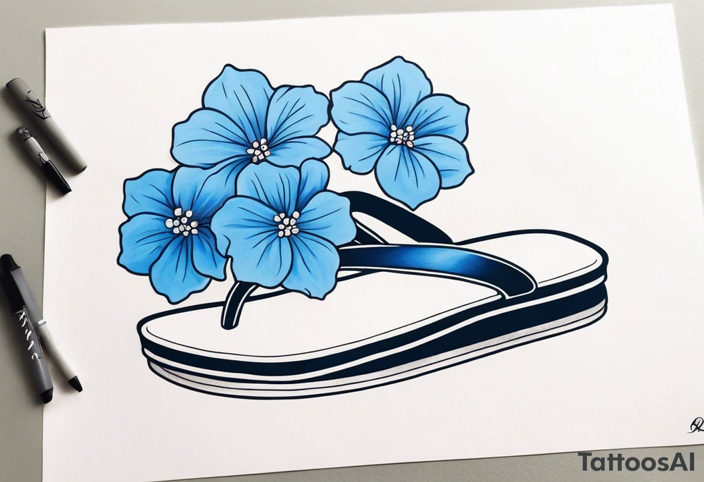 small tattoo of a light blue flip flop surrounded by blue hydrangea flowers tattoo idea