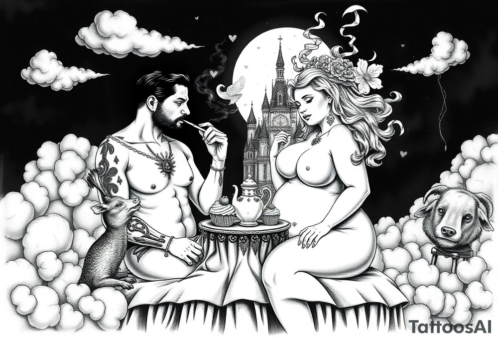 Mystical Naked Man and fat woman having sex eating cupcakes and  fruit  having sex clouds gothic sexy naked fat lady having a tea party with tea pot with fancy castle  
with a pigs, peacock,  lion, goat, noose and smoking cigerettes looking in the mirror thru storm clouds and broken hearts and darkness and wrath, envy , gluttony, greed, sloth, pride . Gothic tattoo idea
