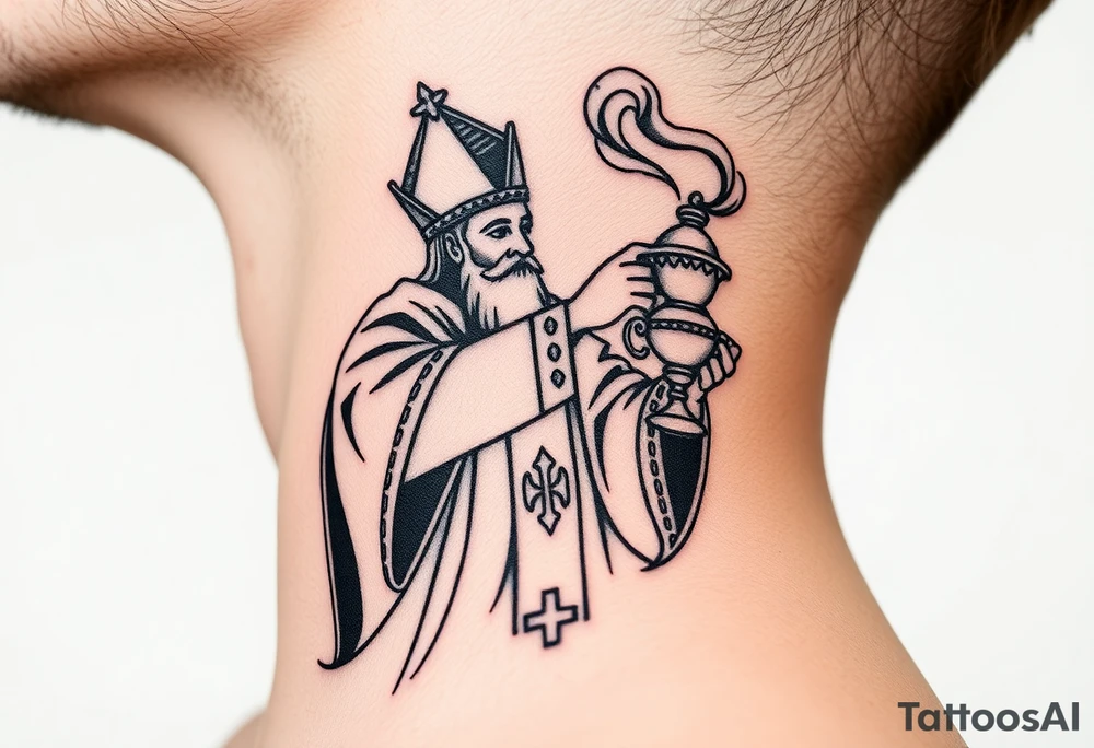 Russian Orthodox Priest in fully detailed vestment swinging a censer with smoke curling upward tattoo idea