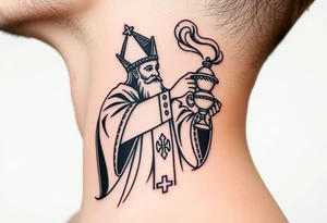 Russian Orthodox Priest in fully detailed vestment swinging a censer with smoke curling upward tattoo idea