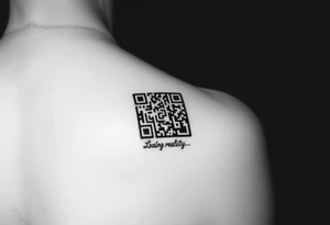 "QR-code tattoo that scans to a 10-second loop of:  
- Buffering symbol  
- Text: 'Loading reality... 99.9%'  

Style: High-contrast. Inner wrist." tattoo idea