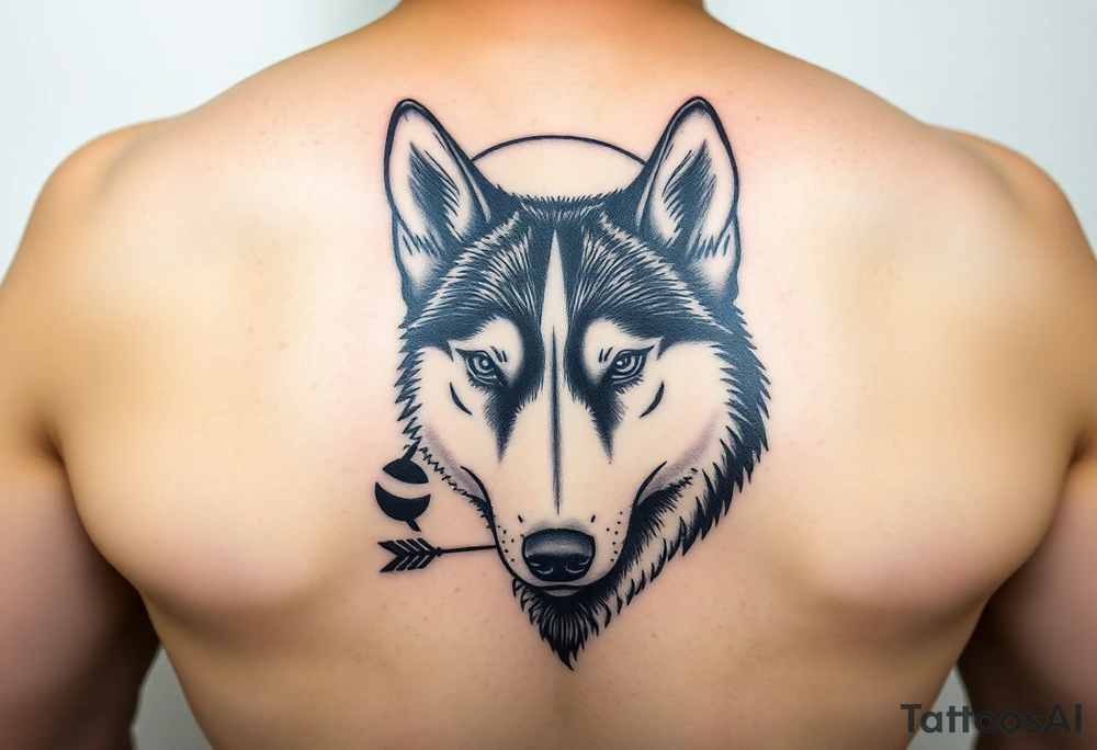 create a tatto of the face of a female husky looking at a half a moon with a arrow crossing for the underarm tattoo idea