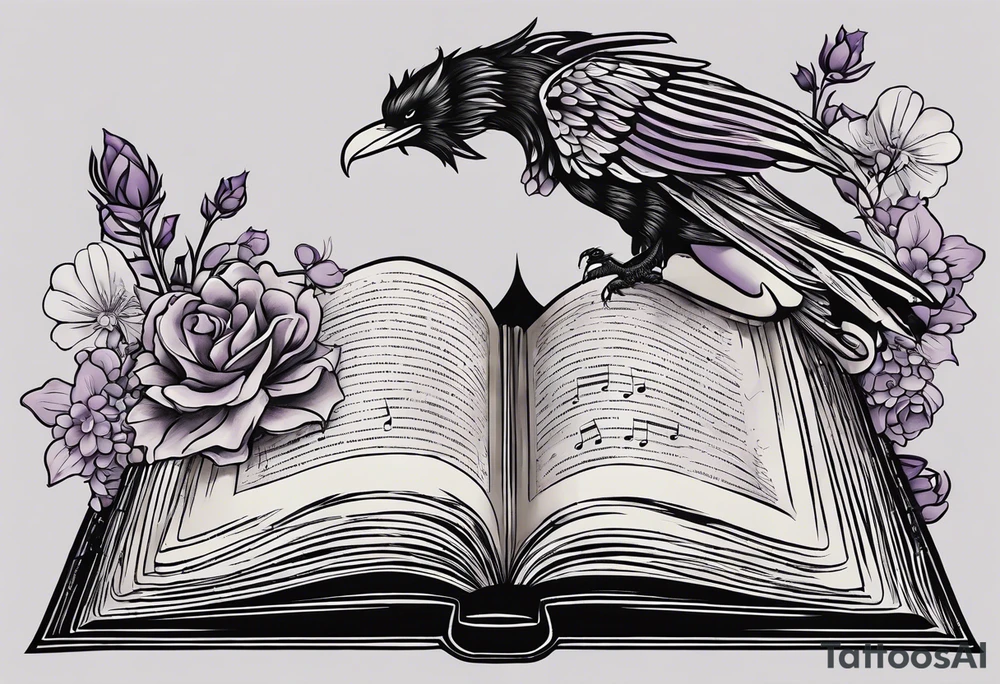 Create a simple drawn tattoo of an open book with a small dragon flying over, a pawn piece to the right, a single music note just above, a raven perched on the book corner, bumblebee on lavender flowers spread underneath tattoo idea