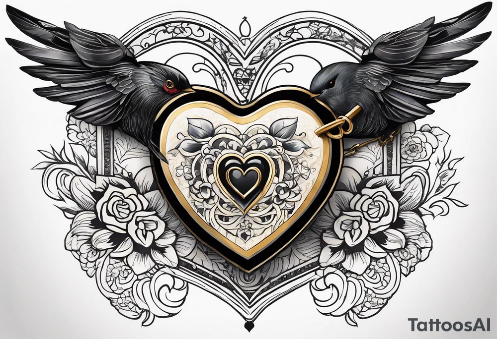 heart locket with black bird flying away with key tattoo idea