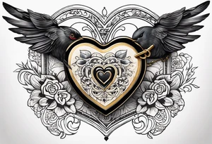 heart locket with black bird flying away with key tattoo idea