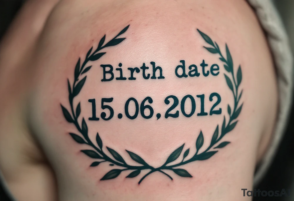 Birth date "15.06.2012" in typewriter font encased in a dusty green laurel wreath. tattoo idea