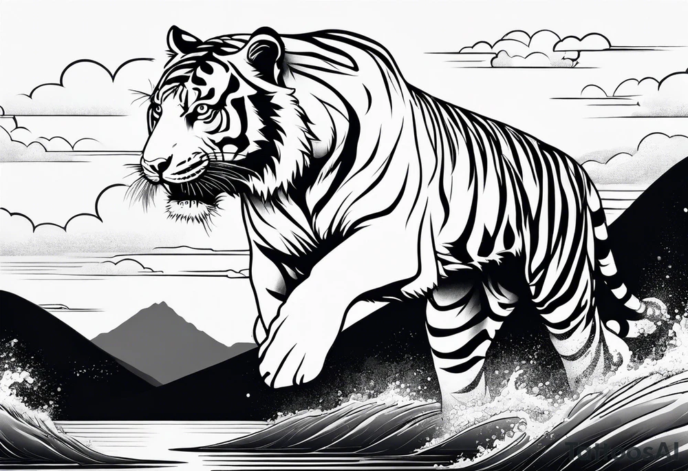 minimalist tiger climbing down near water tattoo idea
