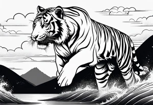 minimalist tiger climbing down near water tattoo idea