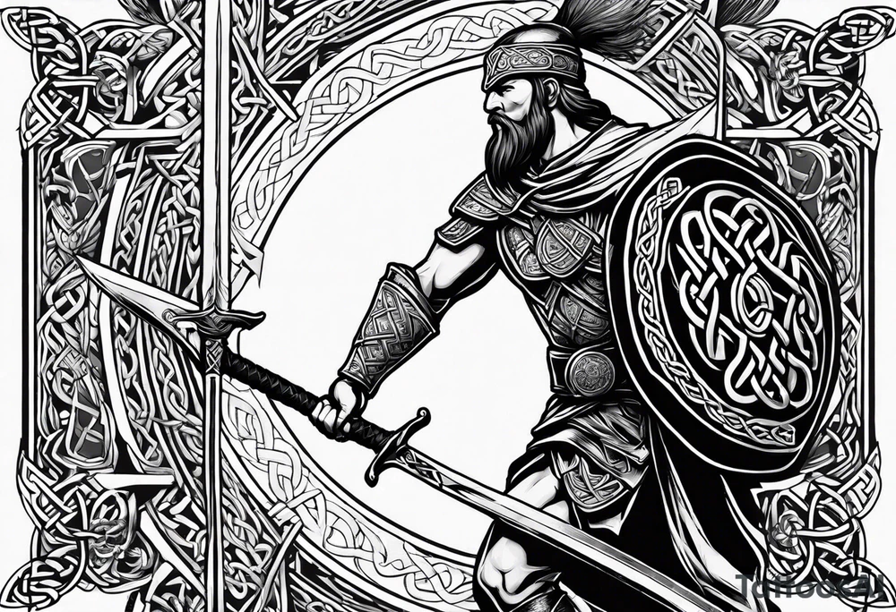 Full body side profile of
Celtic warrior with an axe in one hand and a sword in the other walking into battle tattoo idea