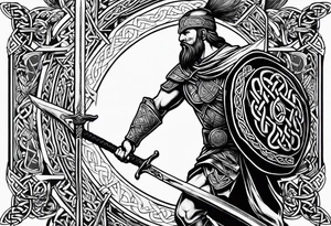 Full body side profile of
Celtic warrior with an axe in one hand and a sword in the other walking into battle tattoo idea