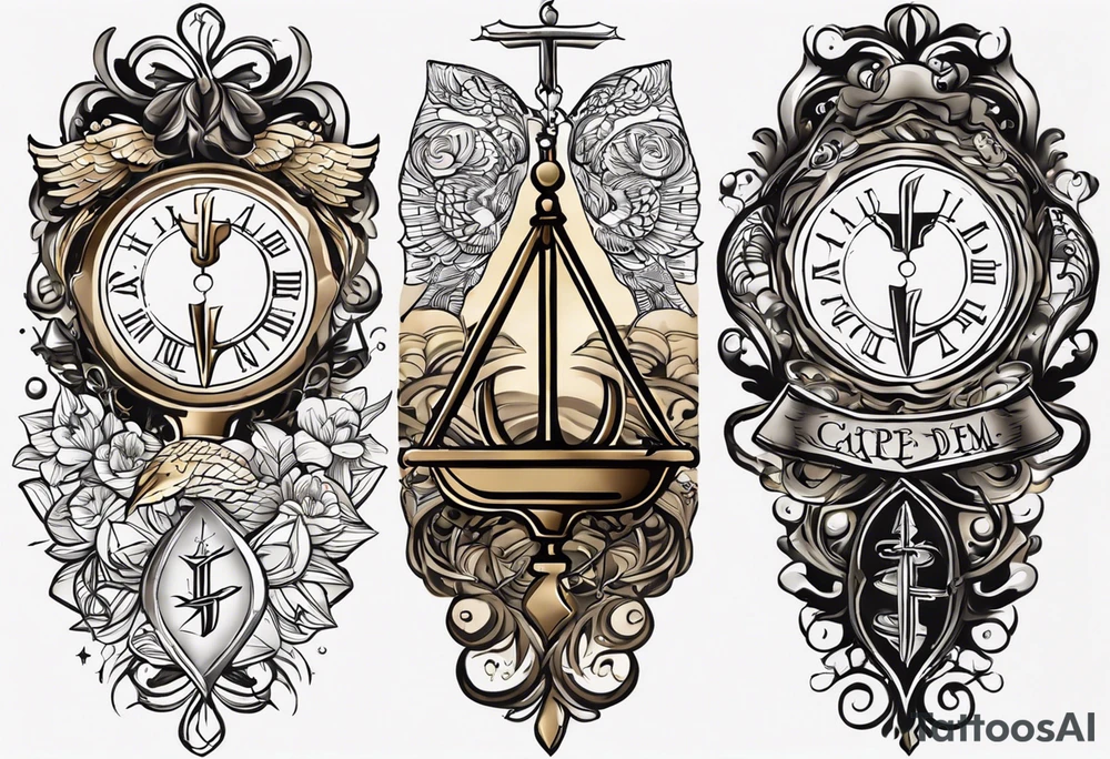 Create a tattoo design for a forearm that complements an existing 'carpe diem' scripted tattoo. The design should incorporate elements that symbolize the journey of life, achievements, and personal growth. Consider including symbols like a compass, the scales of justice, or abstract linework that represents life’s ups and downs. The style should be elegant, with a balance between detailed and minimalistic elements, ensuring it flows naturally with the existing tattoo. tattoo idea