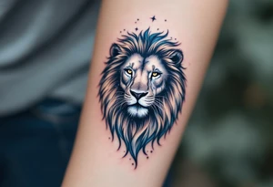 A celestial lion formed from stardust and soft gray shading lies beneath the Leo star constellation, in a wash of indigo and teal. tattoo idea