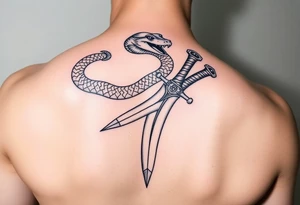 mystical snake coiled around an ancient dagger with jeweled hilt tattoo idea
