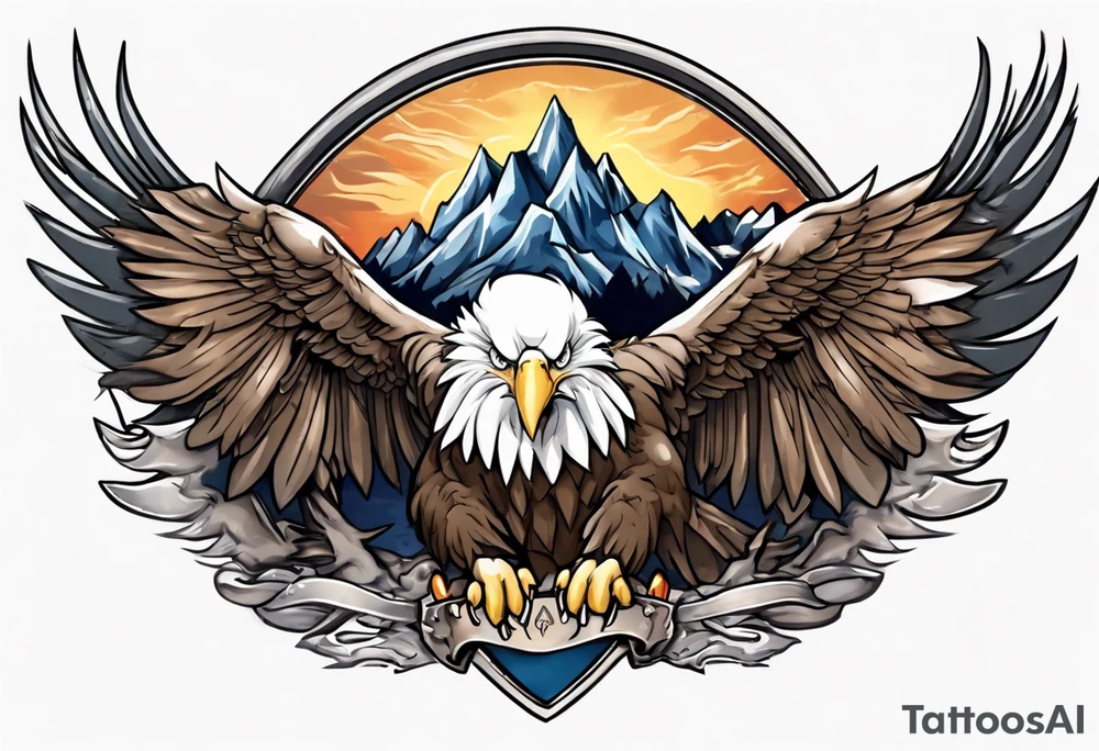 Tribute to Father representing a bald eagle with wings spread with mountain scene in the background tattoo idea