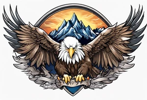 Tribute to Father representing a bald eagle with wings spread with mountain scene in the background tattoo idea