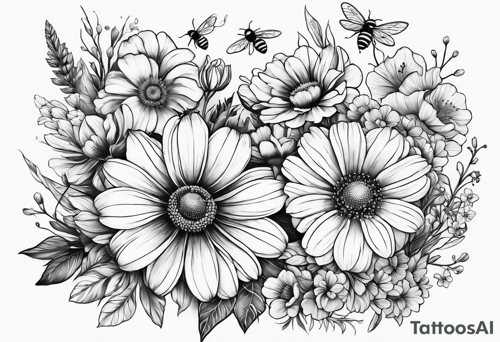 Half sleeve with wildflowers and complimentary flowers with bees tattoo idea