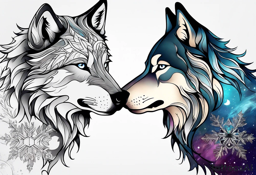 Constellation, two animal wolf, snowflake tattoo idea
