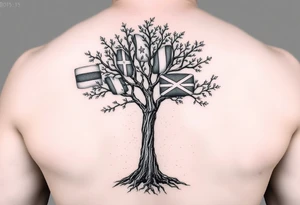 Tree with leaves that are country flags from Prussia,  Ireland, wales, scotland, England, and catawba tribe tattoo idea