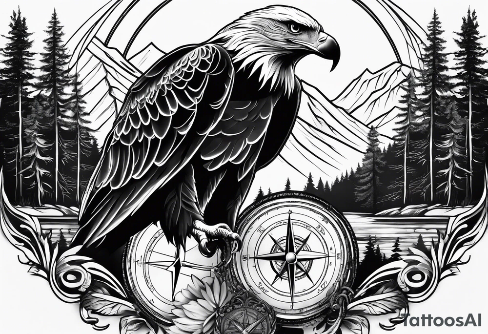 Eagle with forest scenery and compass tattoo idea