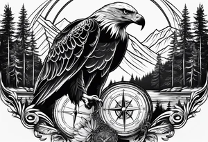 Eagle with forest scenery and compass tattoo idea