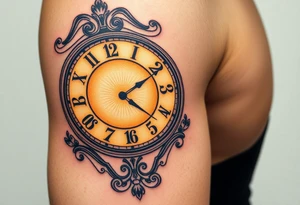 A timeless grandfather clock with delicate engravings, with the birth time and date "02. 03. 2020" glowing in soft golden light, in warm sepia and gold hues tattoo idea