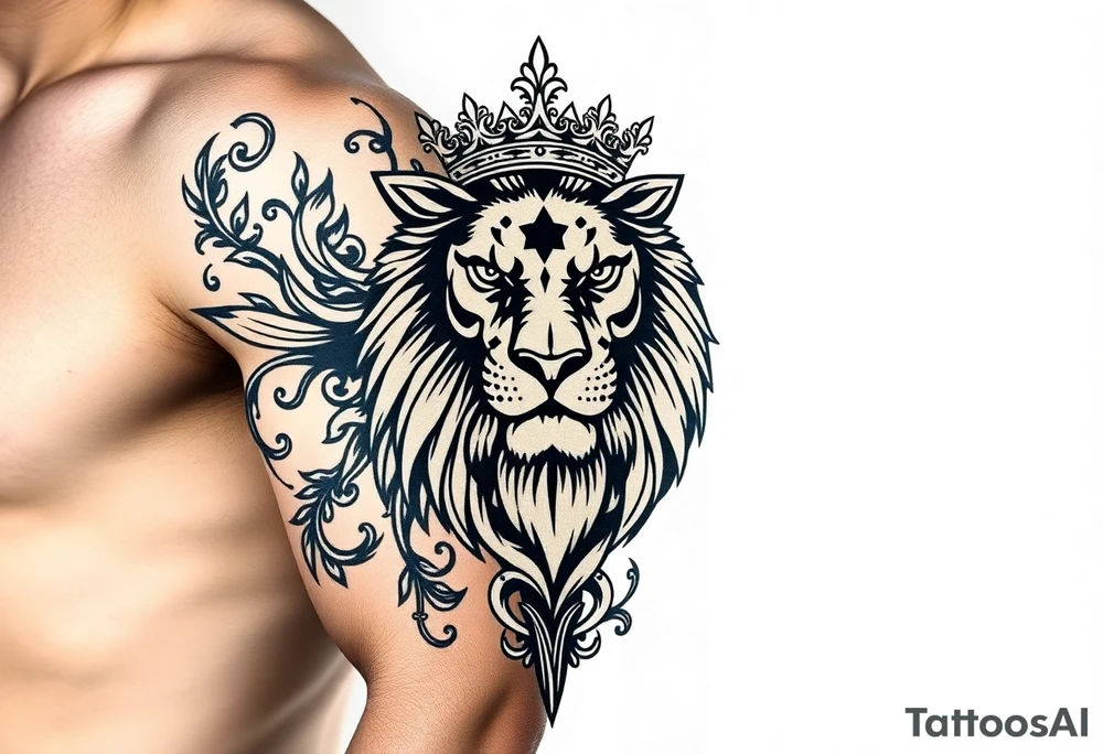 majestic lion wearing ornate crown, surrounded by baroque flourishes tattoo idea
