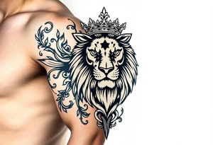 majestic lion wearing ornate crown, surrounded by baroque flourishes tattoo idea