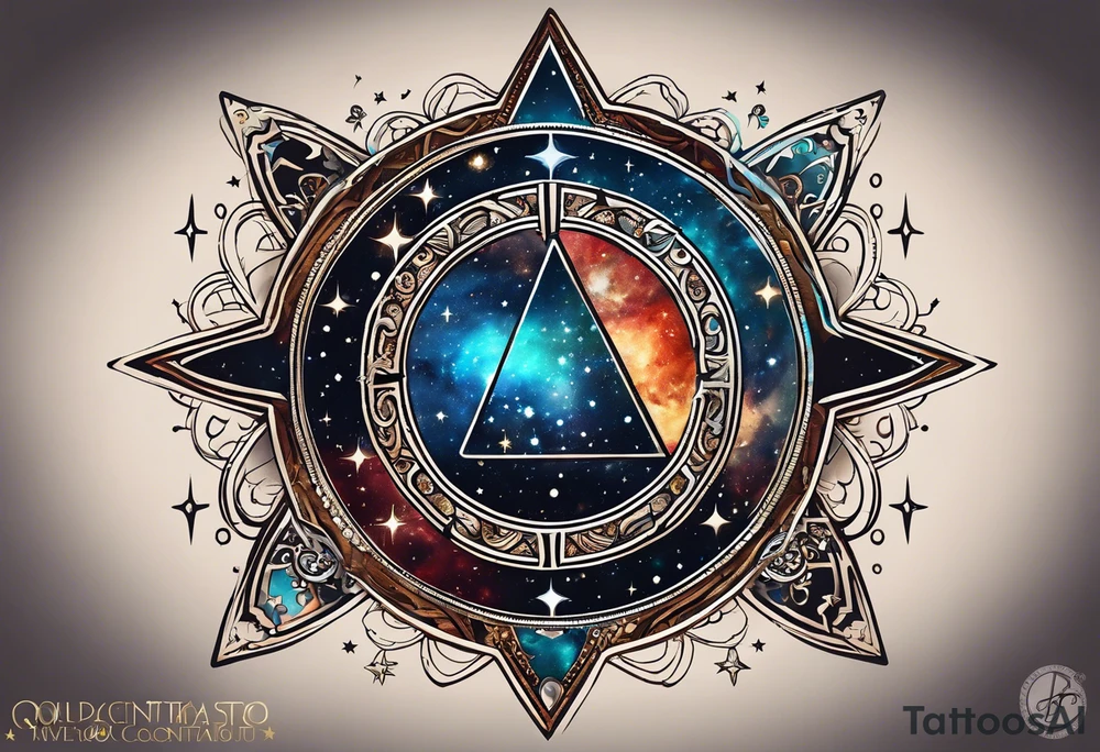 Matter, energy, space and time with an old stone theta symbol with stars in the background and Scorpio constellation tattoo idea