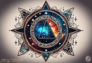 Matter, energy, space and time with an old stone theta symbol with stars in the background and Scorpio constellation tattoo idea