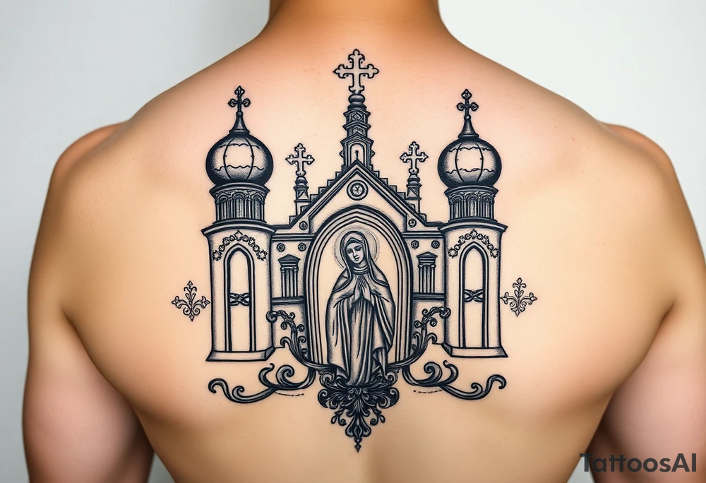 medium traditional russian orthodox church with a russian coat arms and virgin mary tattoo idea