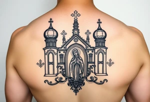 medium traditional russian orthodox church with a russian coat arms and virgin mary tattoo idea