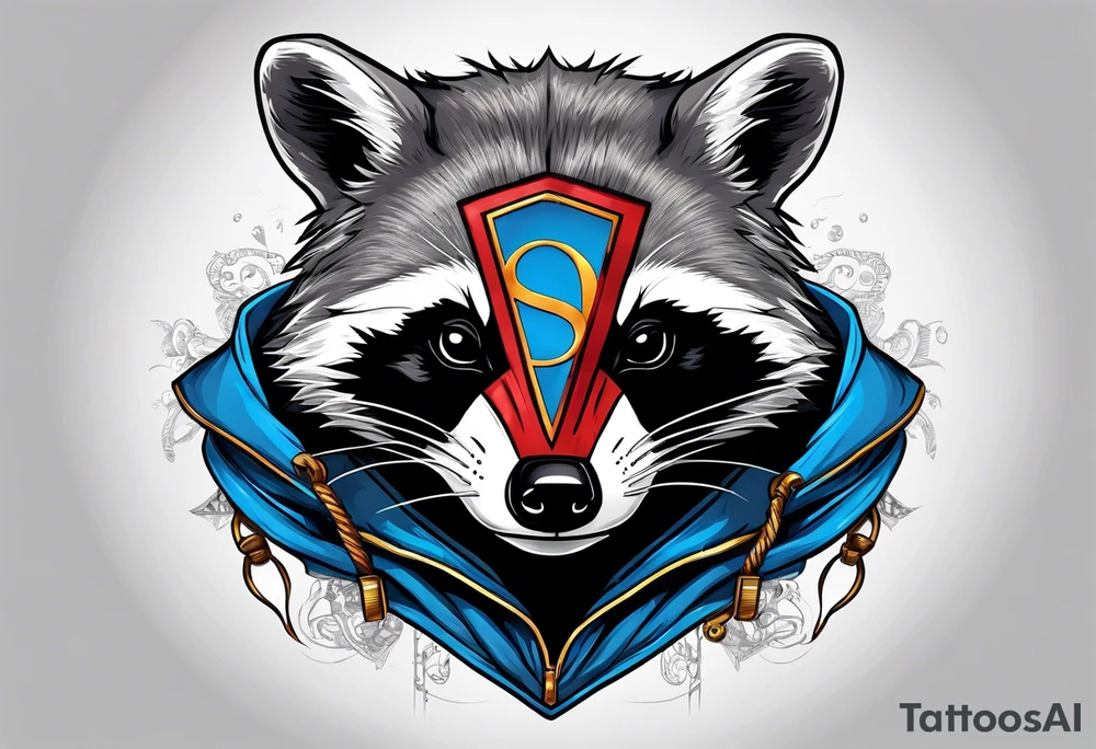raccoon wearing a Superman hoodie tattoo idea
