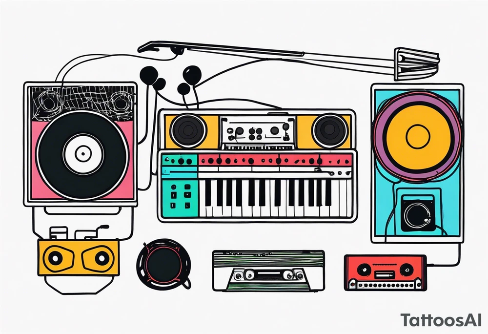 Lines and cables weave and interconnect keyboards, drums, guitars, speakers, headphones, and cassette tapes. tattoo idea