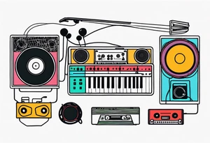 Lines and cables weave and interconnect keyboards, drums, guitars, speakers, headphones, and cassette tapes. tattoo idea