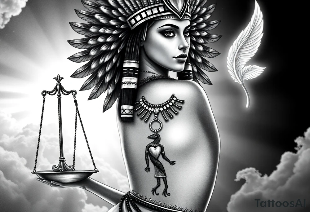 Beautiful Egyptian goddess with a curvy sexy body and breasts. She is wearing an ostrich feather headdress, and intricate ancient Egyptian jewelry the Anhk necklace. Background includes something similar to heaven. Incorporate the Scales of Justice—one side holding a heart, the other Ma’at’s feather—glowing with ethereal energy. Emphasize dramatic lighting, deep shadows, and surreal, mystical atmosphere tattoo idea