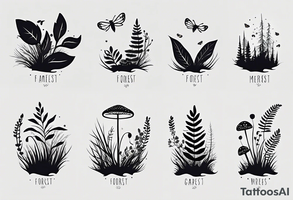 forest floor inspired minimalist tattoo, which includes grass, curly ferns, moss and dead leaves as the bulk of the tattoo. details to include: forest berries, a tiny bumblebee flying nearby, three small brown mushrooms
Generate a vertically long one tattoo idea