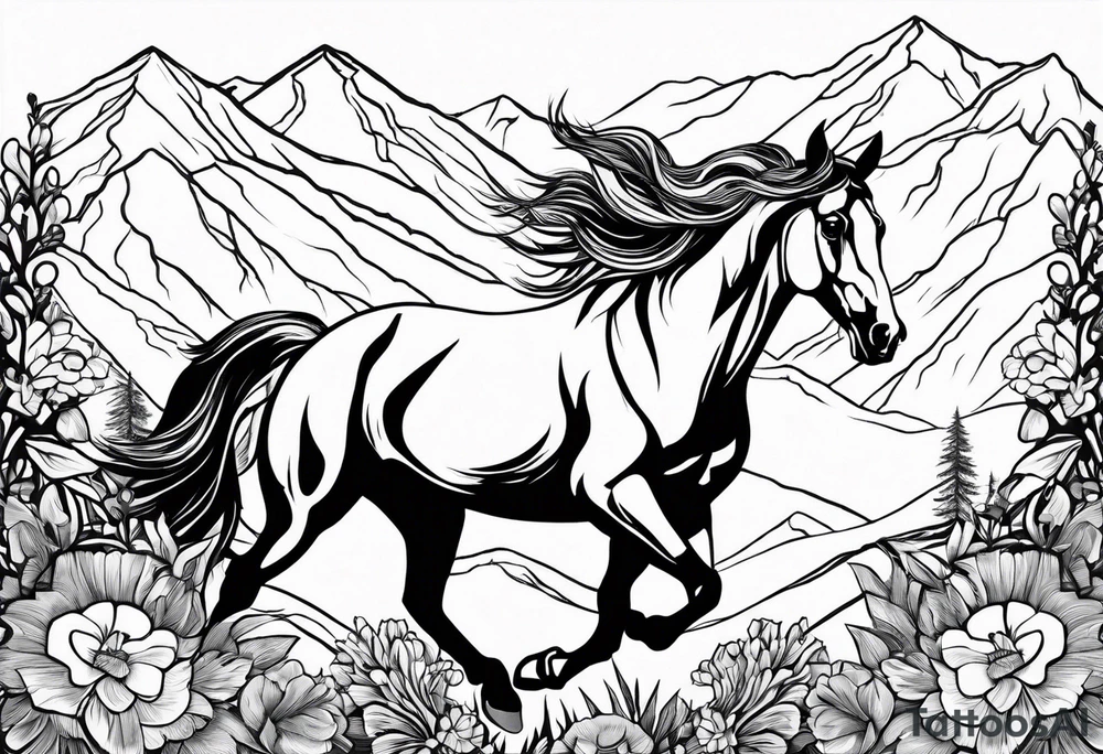bucking horse, mountains background, flowers, western tattoo idea
