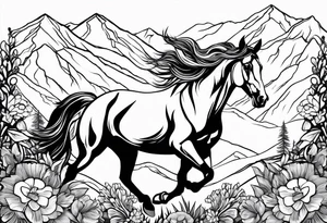 bucking horse, mountains background, flowers, western tattoo idea