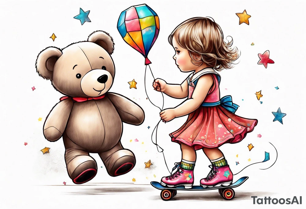 a little girl in a dress standing with a teddy bear in roller skates, flying a kite tattoo idea
