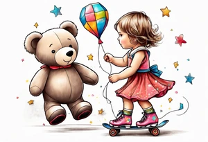 a little girl in a dress standing with a teddy bear in roller skates, flying a kite tattoo idea