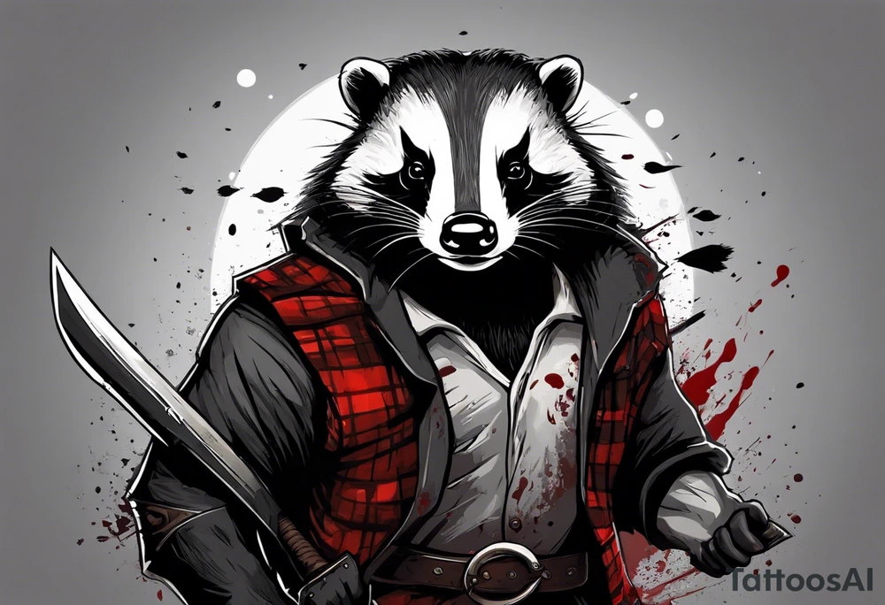 Draw me psychopath Badger/Warrior with aggressive full body, killer face with a smile, very long nails and he attacks like a Bloody Assassin to us and also, he has very deadly looking. He fights with his nails. Everybody scares after their first sight. Give me horror type Badger Tattoo. I want to see his Realistic full body. tattoo idea