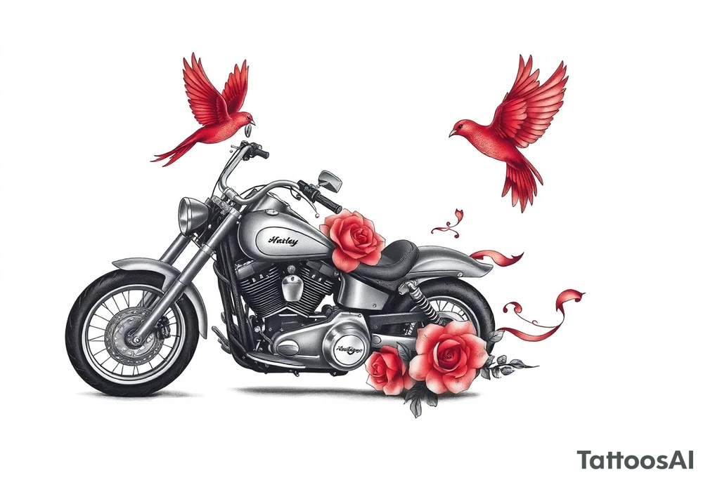 Harley grey motorcycle driving away, two red birds flying, roses and lace, flames tattoo idea