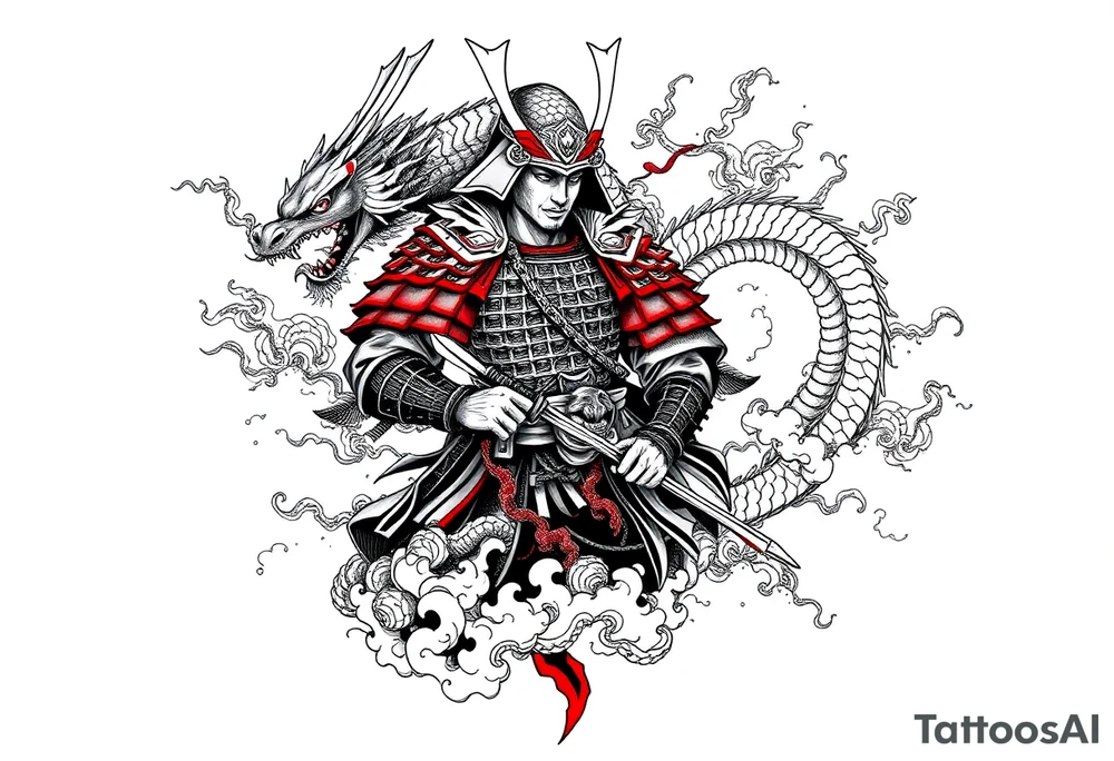 Samurai warrior with traditional armor entangled with a Japanese dragon, mythological elements, flowing composition, black ink tattoo style with red accents, swirling clouds, ornamental Japanese patterns, sketch-style linework, vertical tattoo layout for forearm or sleeve build-out tattoo idea