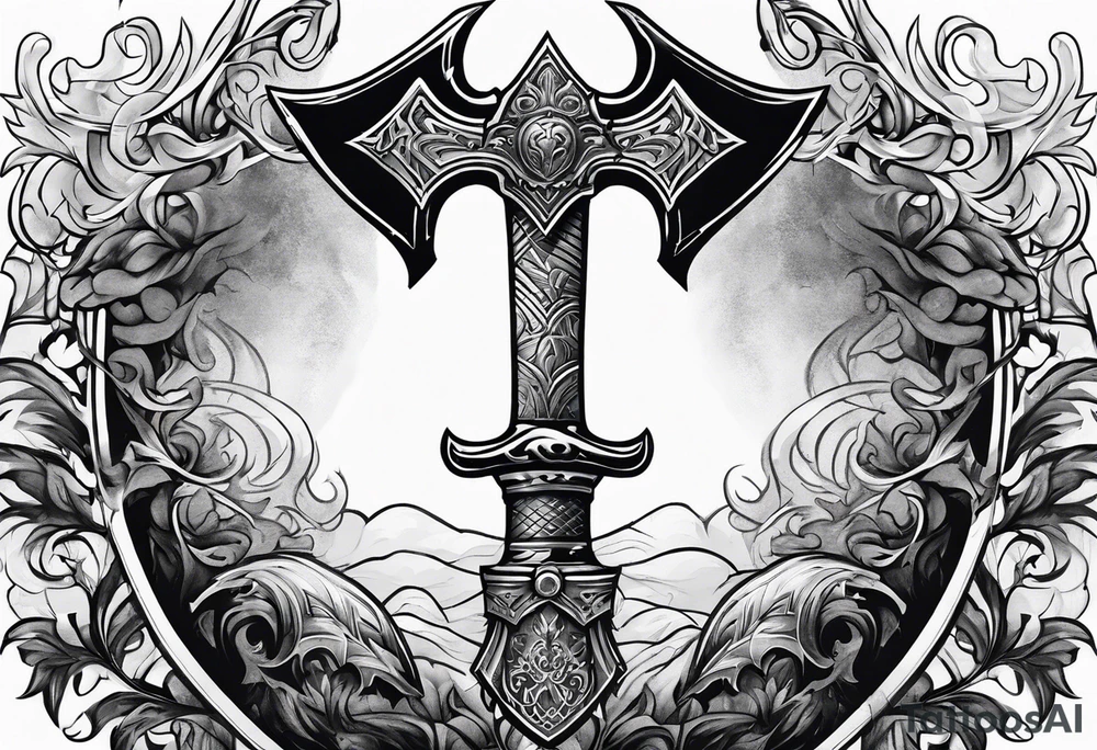 Valhalla sword shield axe mist fog tattoo idea