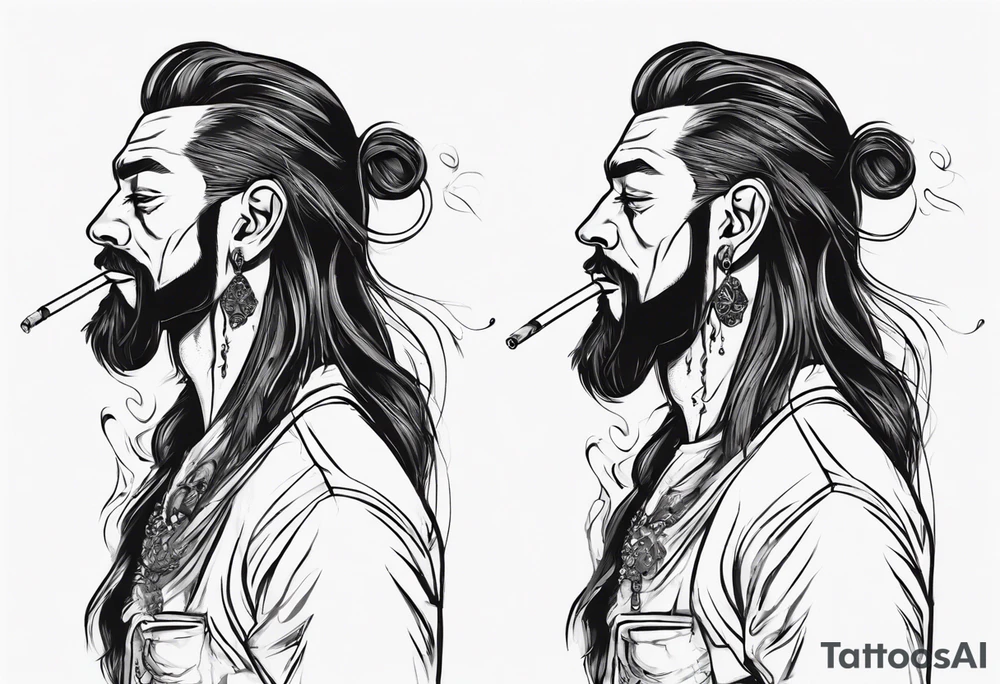 A man standing full-length, with long hair, no beard, smoking a cigarette, with earrings in his ears, no headgear tattoo idea