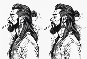 A man standing full-length, with long hair, no beard, smoking a cigarette, with earrings in his ears, no headgear tattoo idea