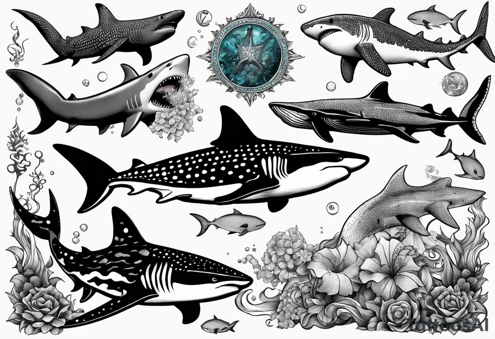 shark, octapus, lion, whale shark, manta ray sleeve tattoo idea