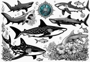 shark, octapus, lion, whale shark, manta ray sleeve tattoo idea